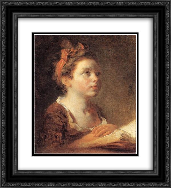 A Young Scholar 20x22 Black Ornate Wood Framed Art Print Poster with Double Matting by Fragonard, Jean Honore