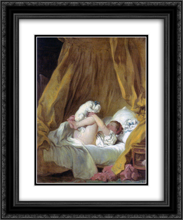 Girl with a Dog 20x24 Black Ornate Wood Framed Art Print Poster with Double Matting by Fragonard, Jean Honore