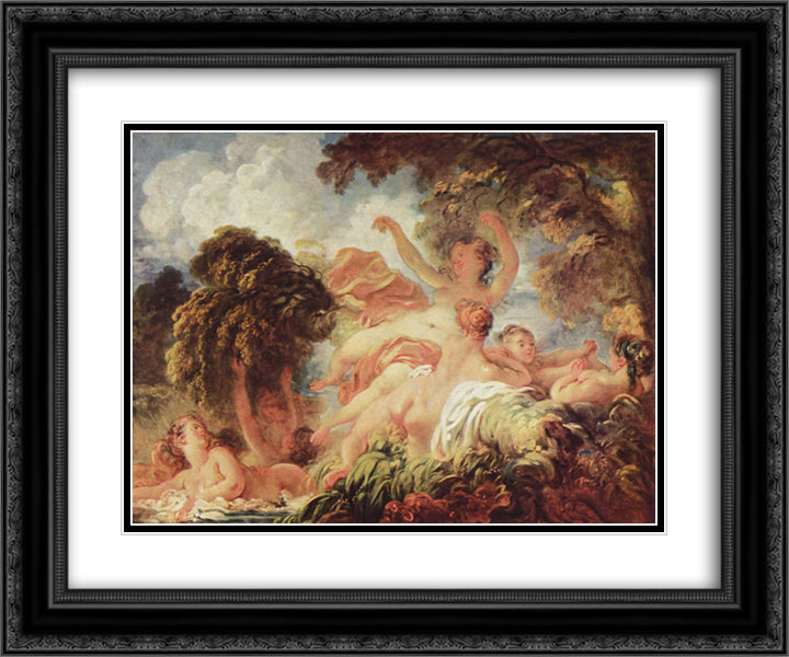 The Bathers 24x20 Black Ornate Wood Framed Art Print Poster with Double Matting by Fragonard, Jean Honore