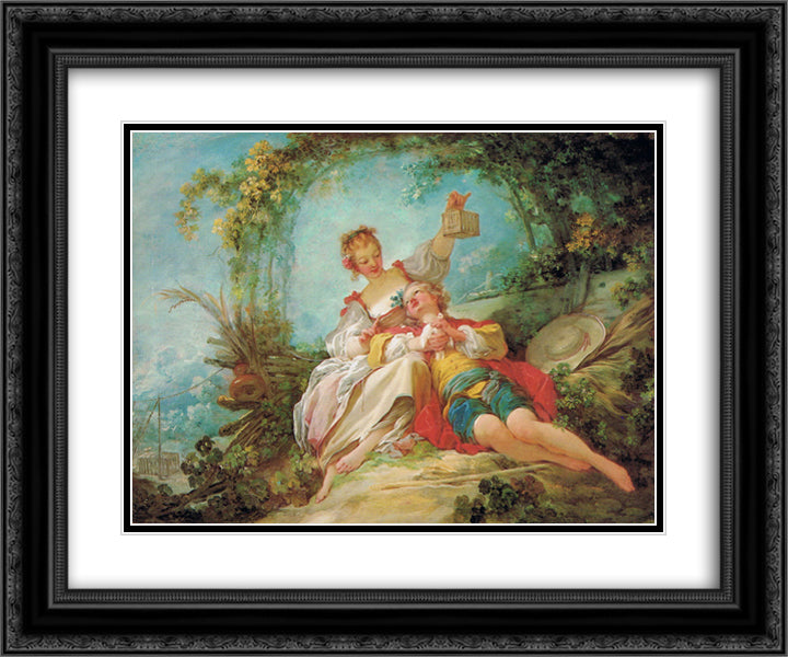 The Happy Lovers 24x20 Black Ornate Wood Framed Art Print Poster with Double Matting by Fragonard, Jean Honore