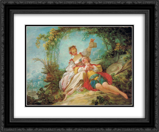 The Happy Lovers 24x20 Black Ornate Wood Framed Art Print Poster with Double Matting by Fragonard, Jean Honore