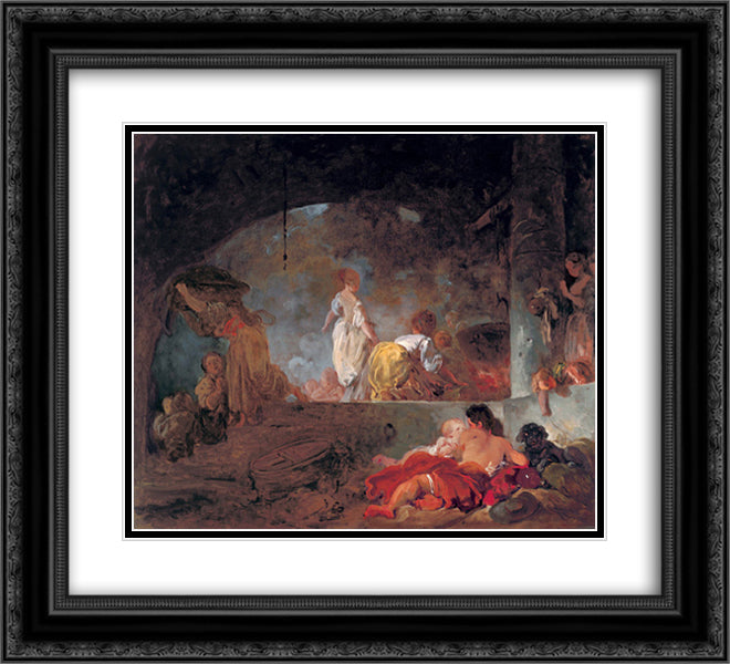 The Laundresses 22x20 Black Ornate Wood Framed Art Print Poster with Double Matting by Fragonard, Jean Honore