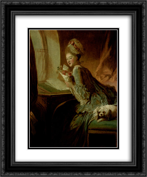 The Love Letter 20x24 Black Ornate Wood Framed Art Print Poster with Double Matting by Fragonard, Jean Honore