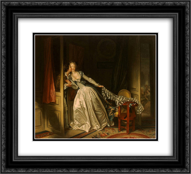 The Stolen Kiss 22x20 Black Ornate Wood Framed Art Print Poster with Double Matting by Fragonard, Jean Honore