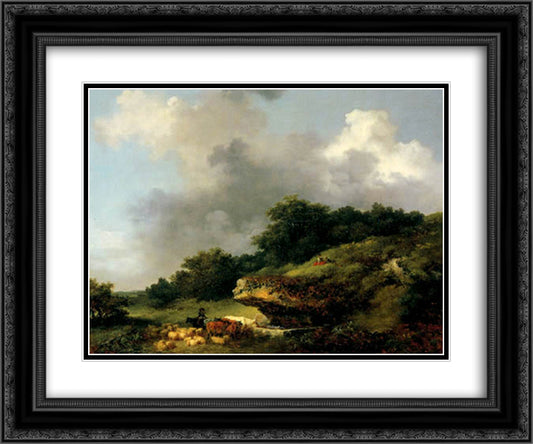 The Watering Place 24x20 Black Ornate Wood Framed Art Print Poster with Double Matting by Fragonard, Jean Honore