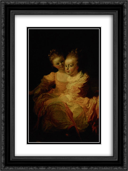 Two sisters 18x24 Black Ornate Wood Framed Art Print Poster with Double Matting by Fragonard, Jean Honore