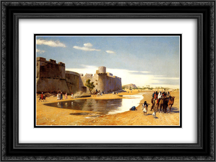 An Arab Caravan outside a Fortified Town, Egypt 24x18 Black Ornate Wood Framed Art Print Poster with Double Matting by Gerome, Jean Leon