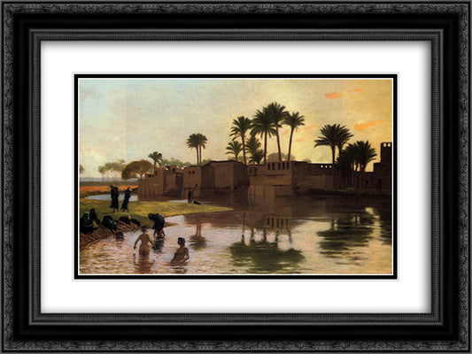 Bathers by the Edge of a River 24x18 Black Ornate Wood Framed Art Print Poster with Double Matting by Gerome, Jean Leon