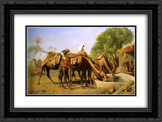 Camels at the Fountain 24x18 Black Ornate Wood Framed Art Print Poster with Double Matting by Gerome, Jean Leon