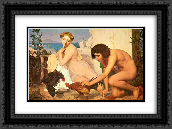 Young Greeks Encouraging Cocks to Fight 24x18 Black Ornate Wood Framed Art Print Poster with Double Matting by Gerome, Jean Leon