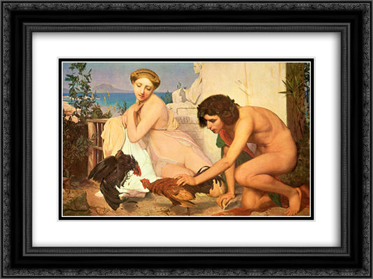 Young Greeks Encouraging Cocks to Fight 24x18 Black Ornate Wood Framed Art Print Poster with Double Matting by Gerome, Jean Leon
