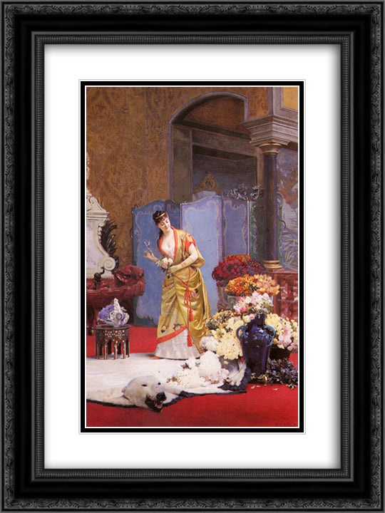 Autumn Flowers 18x24 Black Ornate Wood Framed Art Print Poster with Double Matting by Vibert, Jehan Georges