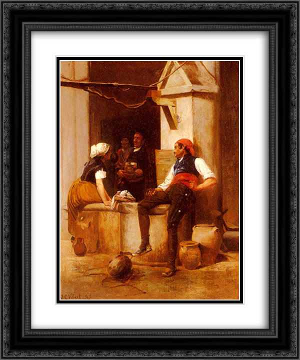 Chatting by the Fountain 20x24 Black Ornate Wood Framed Art Print Poster with Double Matting by Vibert, Jehan Georges