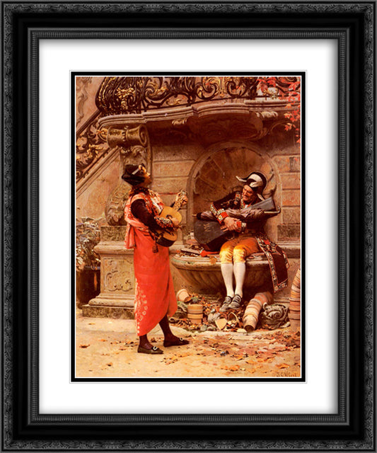 The Serenade 20x24 Black Ornate Wood Framed Art Print Poster with Double Matting by Vibert, Jehan Georges