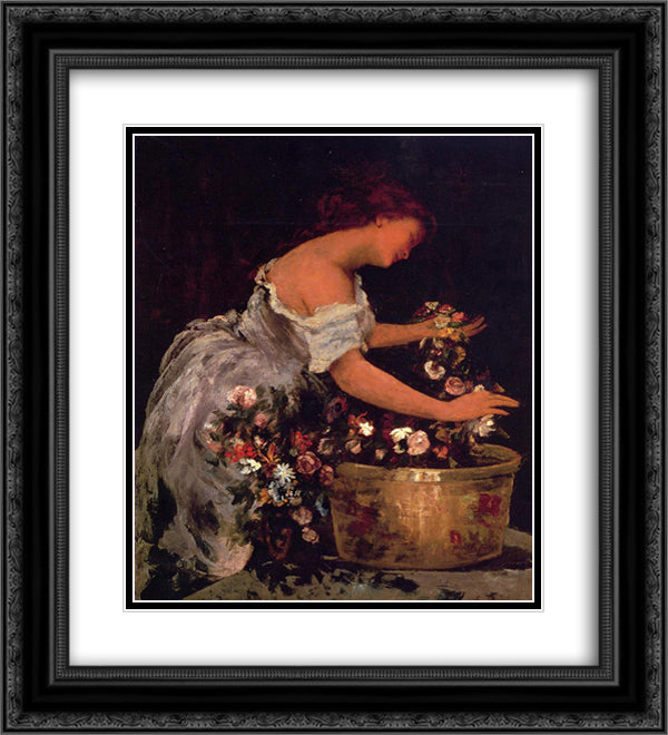 Young Girl Arranging Flowers 20x22 Black Ornate Wood Framed Art Print Poster with Double Matting by Vibert, Jehan Georges