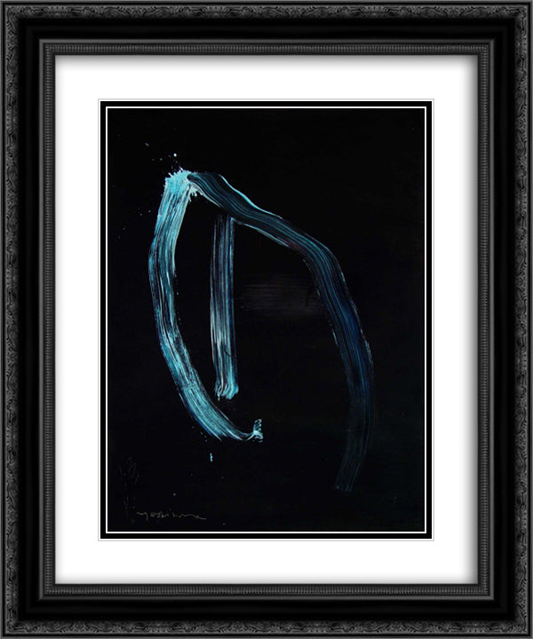 Blue Calligraphic Lines on Dark Blue 20x24 Black Ornate Wood Framed Art Print Poster with Double Matting by Yoshihara, Jiro