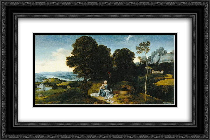 Landscape with The Flight into Egypt 24x16 Black Ornate Wood Framed Art Print Poster with Double Matting by Patinir, Joachim