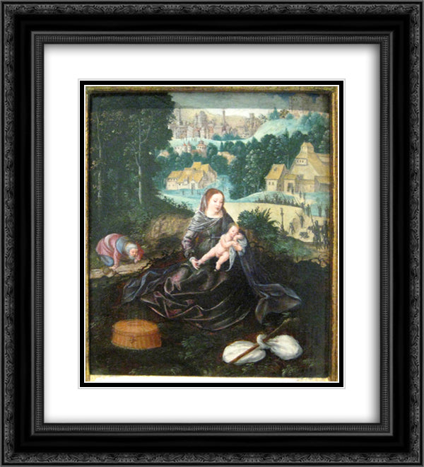 Rest of the Holy Family on the Flight into Egypt 20x22 Black Ornate Wood Framed Art Print Poster with Double Matting by Patinir, Joachim