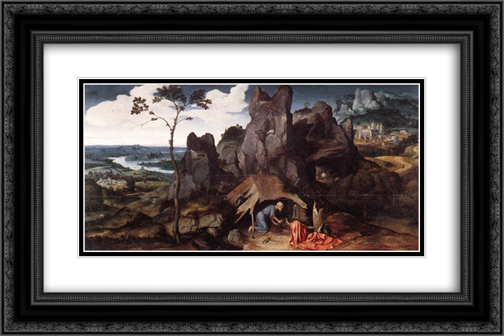 St. Jerome in the Desert 24x16 Black Ornate Wood Framed Art Print Poster with Double Matting by Patinir, Joachim