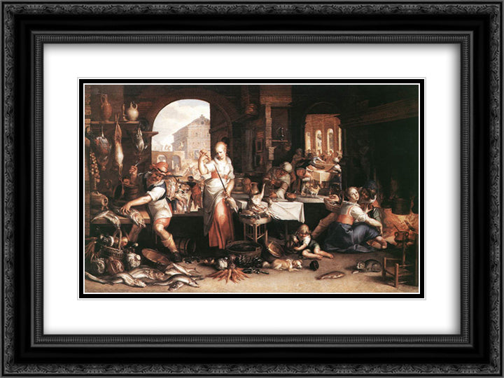Kitchen Scene 24x18 Black Ornate Wood Framed Art Print Poster with Double Matting by Wtewael, Joachim