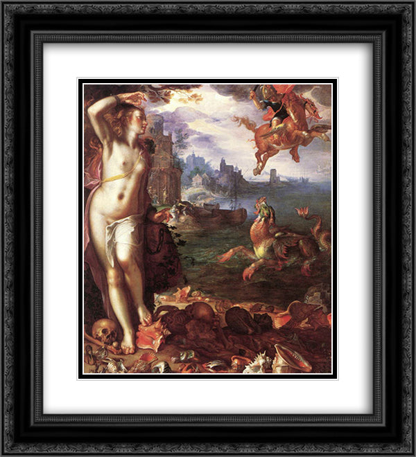 Perseus Rescuing Andromeda 20x22 Black Ornate Wood Framed Art Print Poster with Double Matting by Wtewael, Joachim