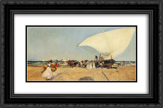 Arrival of the Boats 24x16 Black Ornate Wood Framed Art Print Poster with Double Matting by Sorolla, Joaquin