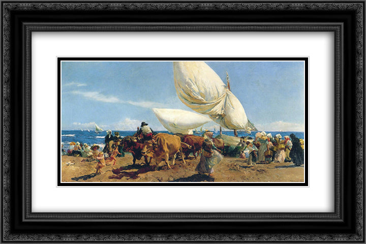 Arrival of the Fishing Boats on the beach, Valencia 24x16 Black Ornate Wood Framed Art Print Poster with Double Matting by Sorolla, Joaquin