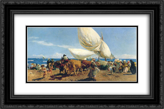 Arrival of the Fishing Boats on the beach, Valencia 24x16 Black Ornate Wood Framed Art Print Poster with Double Matting by Sorolla, Joaquin