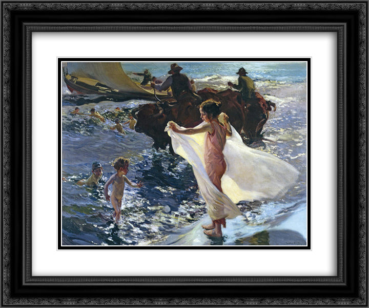 Bathing Time 24x20 Black Ornate Wood Framed Art Print Poster with Double Matting by Sorolla, Joaquin