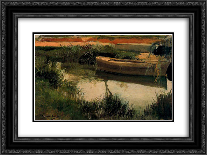 Boat in Albufera 24x18 Black Ornate Wood Framed Art Print Poster with Double Matting by Sorolla, Joaquin