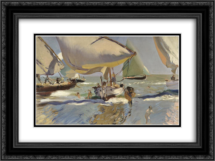 Boats on the beach 24x18 Black Ornate Wood Framed Art Print Poster with Double Matting by Sorolla, Joaquin