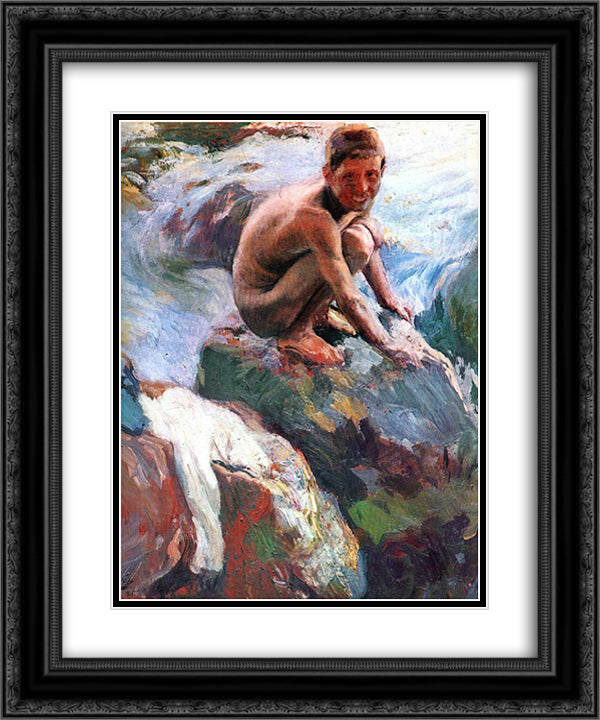 Boy on the Rocks, Javea 20x24 Black Ornate Wood Framed Art Print Poster with Double Matting by Sorolla, Joaquin