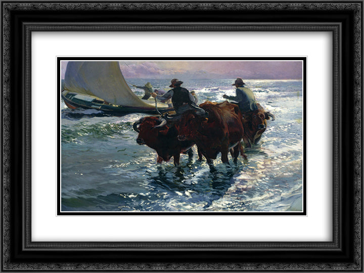 Bulls in the Sea 24x18 Black Ornate Wood Framed Art Print Poster with Double Matting by Sorolla, Joaquin