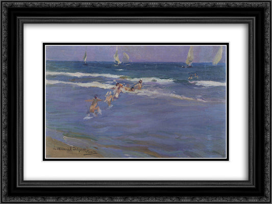 Children in the sea 24x18 Black Ornate Wood Framed Art Print Poster with Double Matting by Sorolla, Joaquin