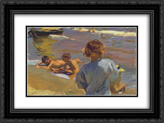 Children on the Beach, Valencia 24x18 Black Ornate Wood Framed Art Print Poster with Double Matting by Sorolla, Joaquin