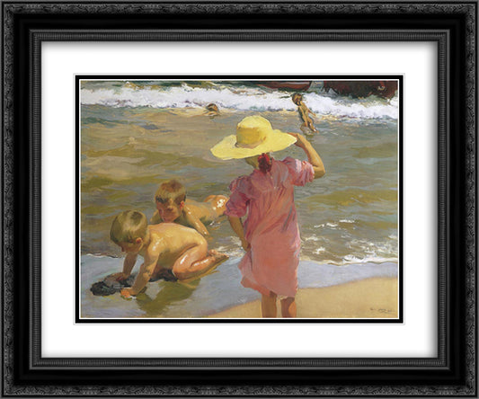 Children on the seashore 24x20 Black Ornate Wood Framed Art Print Poster with Double Matting by Sorolla, Joaquin