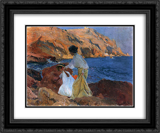 Clotilde and Elena on the Rocks at Javea 24x20 Black Ornate Wood Framed Art Print Poster with Double Matting by Sorolla, Joaquin