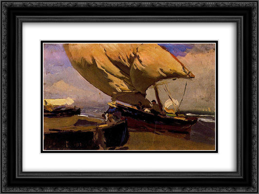 Dragging the trawler 24x18 Black Ornate Wood Framed Art Print Poster with Double Matting by Sorolla, Joaquin