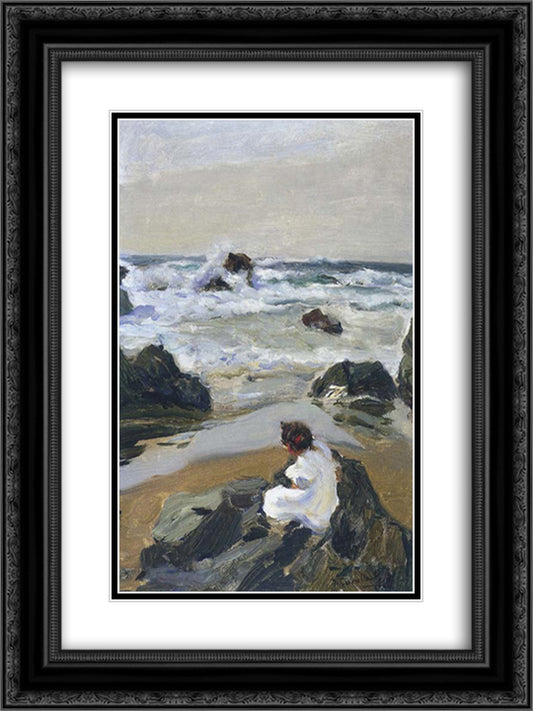 Elenita at the Beach, Asturias 18x24 Black Ornate Wood Framed Art Print Poster with Double Matting by Sorolla, Joaquin