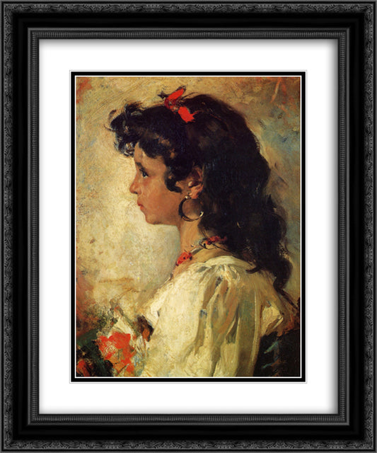 Head of an Italian Girl 20x24 Black Ornate Wood Framed Art Print Poster with Double Matting by Sorolla, Joaquin