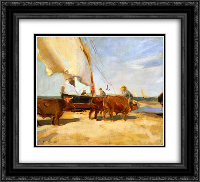 On the Beach at Valencia 22x20 Black Ornate Wood Framed Art Print Poster with Double Matting by Sorolla, Joaquin