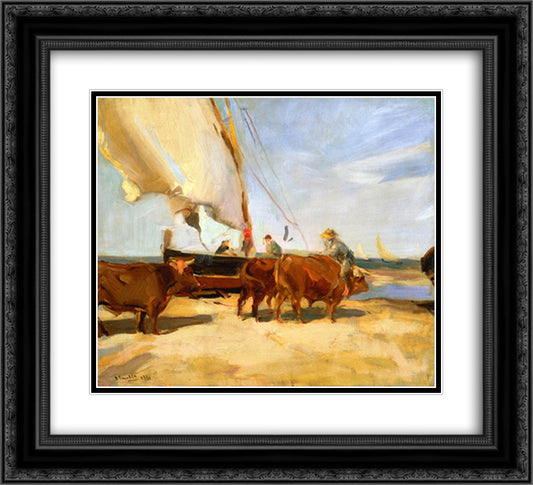 On the Beach at Valencia 22x20 Black Ornate Wood Framed Art Print Poster with Double Matting by Sorolla, Joaquin