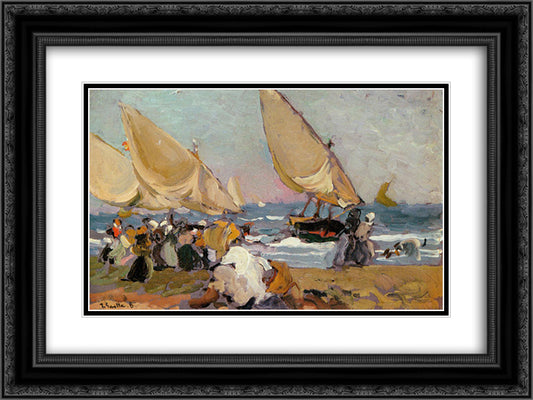 Sailing Vessels on a Breezy Day, Valencia 24x18 Black Ornate Wood Framed Art Print Poster with Double Matting by Sorolla, Joaquin