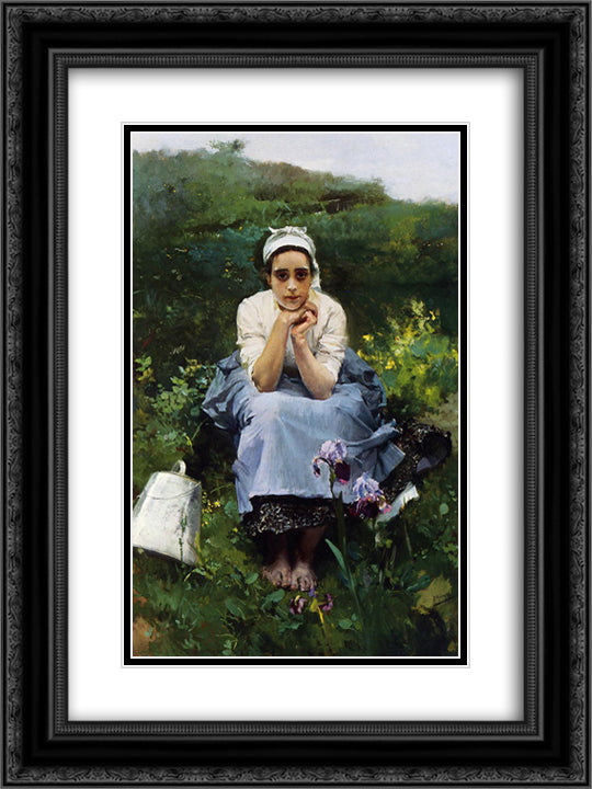 The Milkmaid 18x24 Black Ornate Wood Framed Art Print Poster with Double Matting by Sorolla, Joaquin