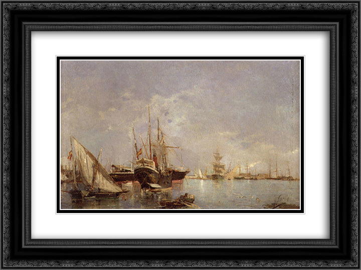 The Port of Valencia 24x18 Black Ornate Wood Framed Art Print Poster with Double Matting by Sorolla, Joaquin
