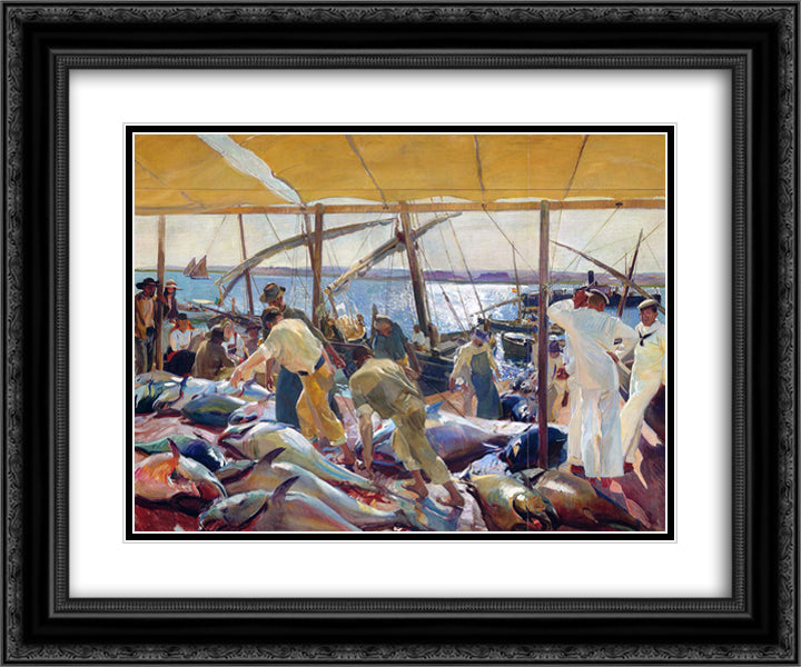 The Tunny Catch 24x20 Black Ornate Wood Framed Art Print Poster with Double Matting by Sorolla, Joaquin
