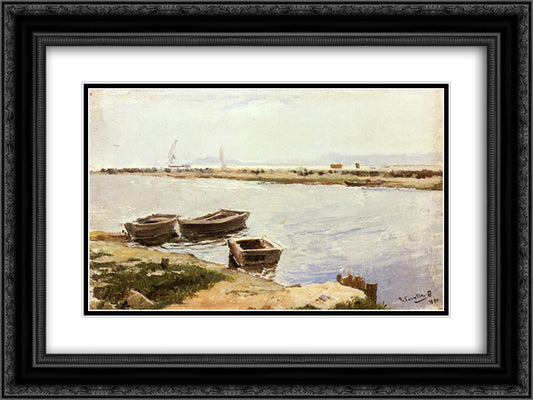 Three Boats By A Shore 24x18 Black Ornate Wood Framed Art Print Poster with Double Matting by Sorolla, Joaquin
