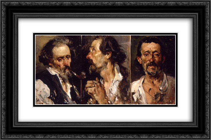 Three studies of head 24x16 Black Ornate Wood Framed Art Print Poster with Double Matting by Sorolla, Joaquin