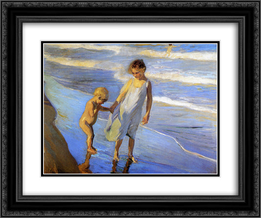 Valencia, Two LIttle Girls on a Beach 24x20 Black Ornate Wood Framed Art Print Poster with Double Matting by Sorolla, Joaquin