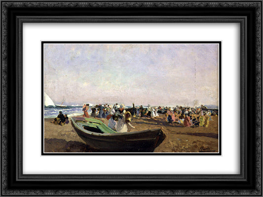 Valencia Beach. Fisherwomen. 24x18 Black Ornate Wood Framed Art Print Poster with Double Matting by Sorolla, Joaquin